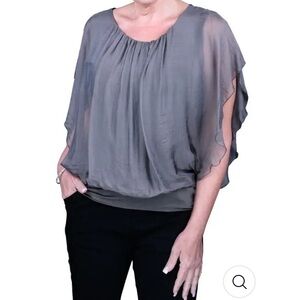 Tina Stephens silk top flutter fly sleeve band bottom grey one size